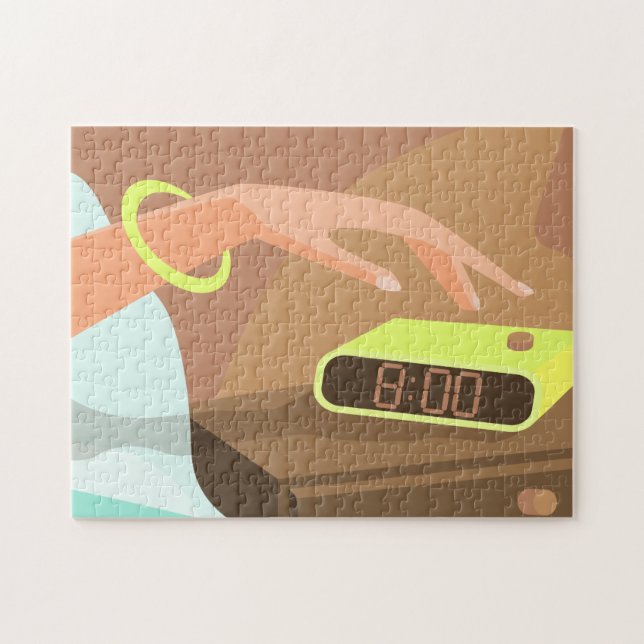 Girls hand pushing on alarm clock snooze button jigsaw puzzle (Horizontal)
