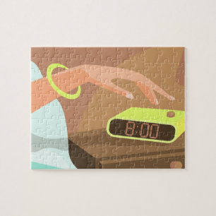 Girls hand pushing on alarm clock snooze button jigsaw puzzle