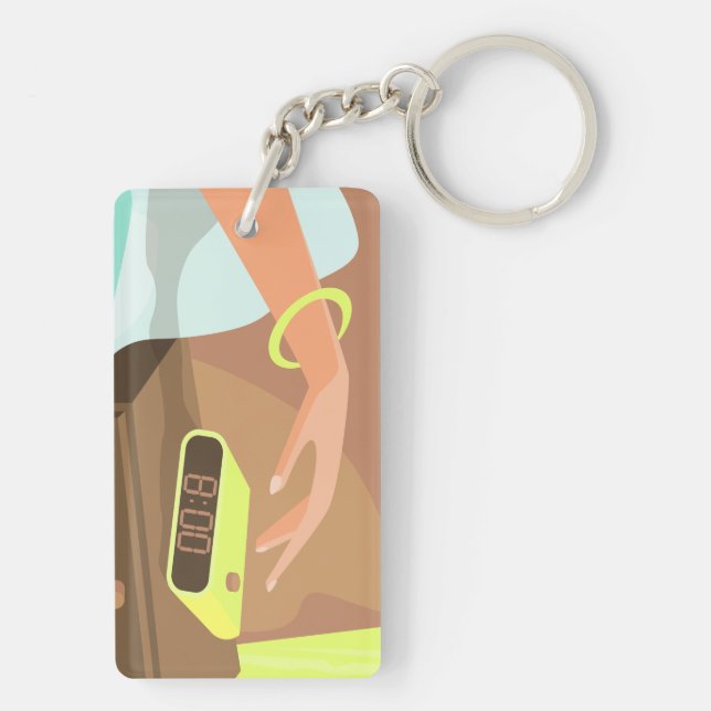Girls hand pushing on alarm clock snooze button key ring (Back)
