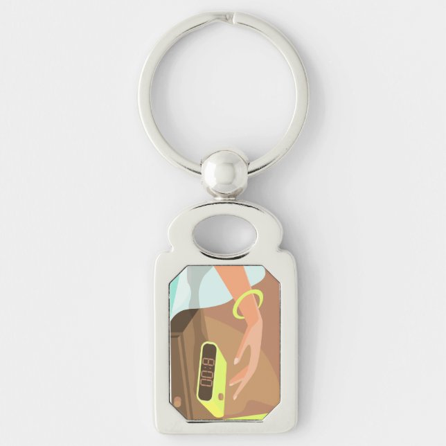 Girls hand pushing on alarm clock snooze button key ring (Front)