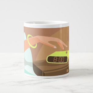 Girls hand pushing on alarm clock snooze button large coffee mug