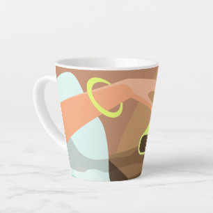 Girls hand pushing on alarm clock snooze button latte mug