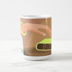 Girls hand pushing on alarm clock snooze button magic mug