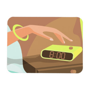 Girls hand pushing on alarm clock snooze button magnet