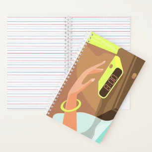 Girls hand pushing on alarm clock snooze button notebook