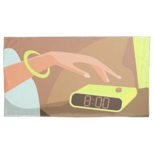 Girls hand pushing on alarm clock snooze button pillowcase