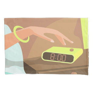 Girls hand pushing on alarm clock snooze button pillowcase