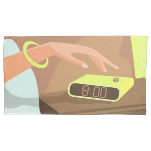 Girls hand pushing on alarm clock snooze button pillowcase