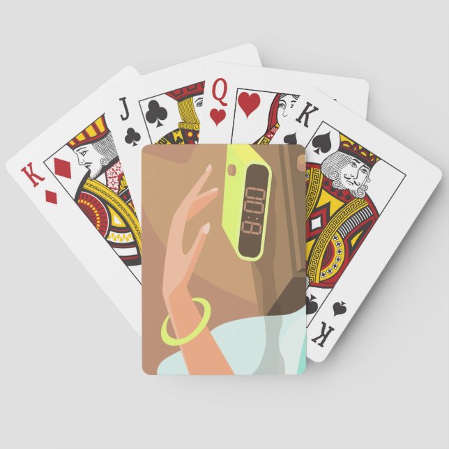 Girls hand pushing on alarm clock snooze button playing cards (Back)