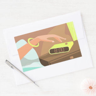 Girls hand pushing on alarm clock snooze button rectangular sticker