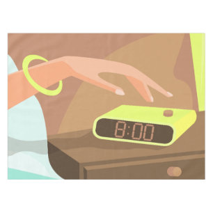 Girls hand pushing on alarm clock snooze button tablecloth