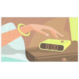 Girls hand pushing on alarm clock snooze button tablecloth