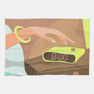 Girls hand pushing on alarm clock snooze button tea towel