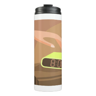 Girls hand pushing on alarm clock snooze button thermal tumbler