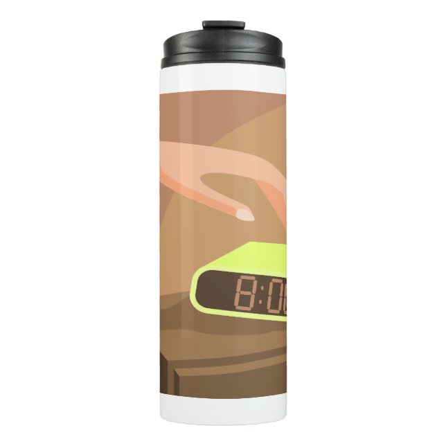 Girls hand pushing on alarm clock snooze button thermal tumbler (Front)