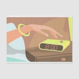 Girls hand pushing on alarm clock snooze button tissue paper