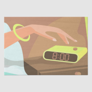 Girls hand pushing on alarm clock snooze button tissue paper