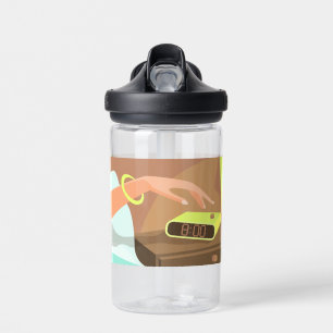 Girls hand pushing on alarm clock snooze button water bottle