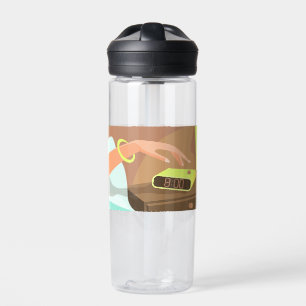 Girls hand pushing on alarm clock snooze button water bottle