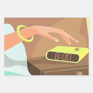 Girls hand pushing on alarm clock snooze button wrapping paper sheet