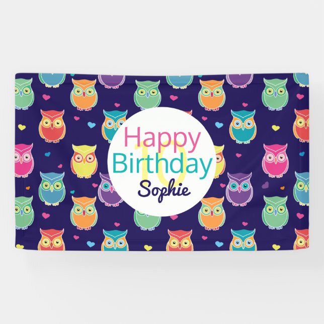 Girls Happy Birthday Blue Owl Pattern Personalised Banner (Horizontal)