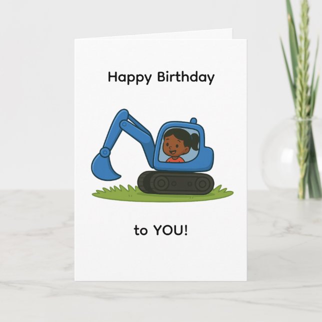 Girl's Happy Birthday card with digger design (Front)
