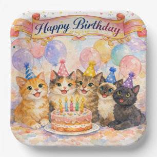 Girls Happy Birthday Cute Party Cats Paper Plate