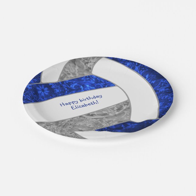 girl's happy birthday party blue grey volleyball paper plate (Angled)