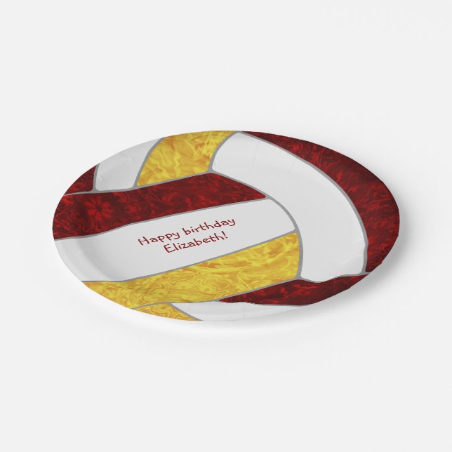 girl's happy birthday party maroon gold volleyball paper plate (Angled)