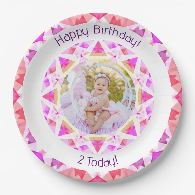 Girls Happy Birthday Vibrant Pink Star Custom Age Paper Plate (Front)