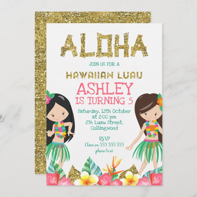 Girls Hawaiian Luau Birthday Invitation (Front/Back)