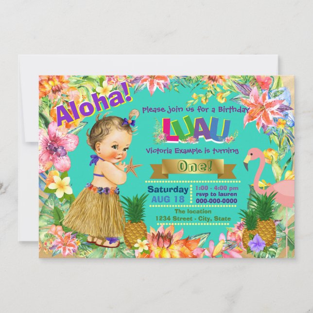 Girls Hawaiian Luau Birthday Party Invitation (Front)