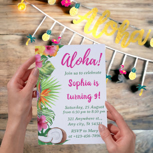 Girls Hawaiian Luau Party, Aloha Tropical Birthday Invitation