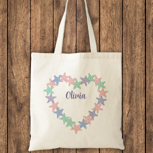 Girls' Heart-Shaped Starfish Frame Personalised Tote Bag