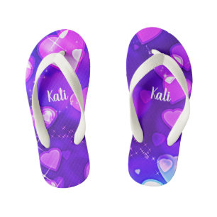 Girls Hearts & Sparkles Purple White Personalised Kid's Thongs