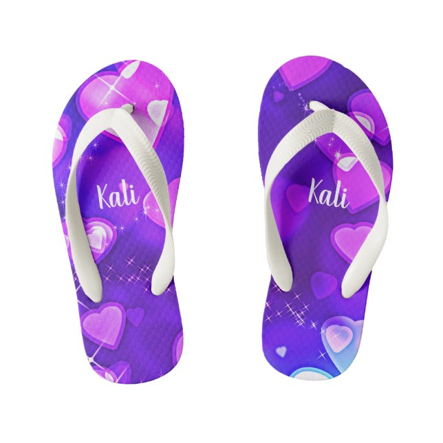 Girls Hearts & Sparkles Purple White Personalised Kid's Thongs (Footbed)