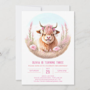 Girl's Highland Cow Blissful Birthday Invitation