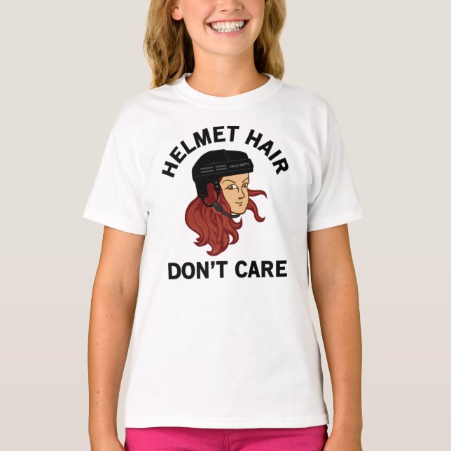Girls Hockey Helmet Hair Don't Care Red Head T-Shirt (Front)