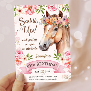 Girls Horse 10th Birthday Floral Saddle Up! Invitation