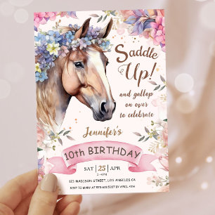 Girls Horse 10th Birthday Floral Saddle Up! Invitation