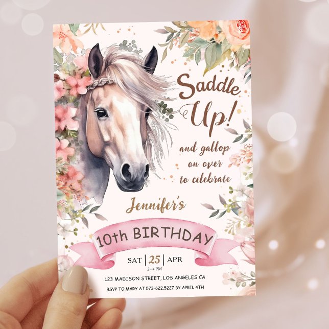 Girls Horse 10th Birthday Floral Wild Saddle Up Invitation (Creator Uploaded)