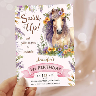 Girls Horse 1st Birthday Purple Floral Saddle Up Invitation