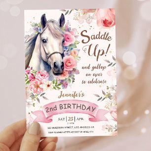 Girls Horse 2nd Birthday Bloom Flowers Saddle Up! Invitation