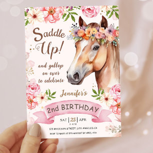 Girls Horse 2nd Birthday Floral Saddle Up! Invitation