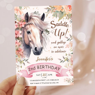 Girls Horse 2nd Birthday Floral Wild Saddle Up Invitation
