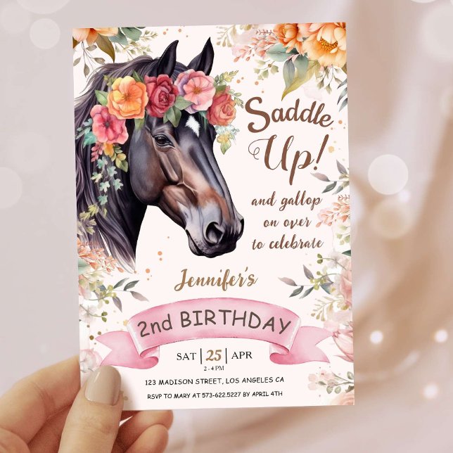 Girls Horse 2nd Birthday  Pink Cowgirl Saddle Up Invitation (Creator Uploaded)