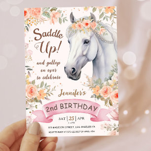 Girls Horse 2nd Birthday Pink Floral Saddle Up Invitation
