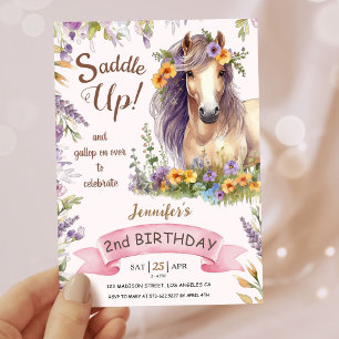Girls Horse 2nd Birthday Purple Floral Saddle Up Invitation
