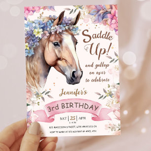 Girls Horse 3rd Birthday Floral Saddle Up! Invitation