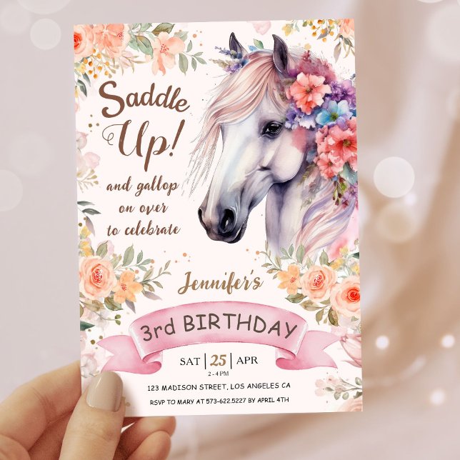 Girls Horse 3rd Birthday Pink Flowers Saddle Up!  Invitation (Creator Uploaded)